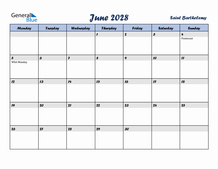 June 2028 Calendar with Holidays in Saint Barthelemy