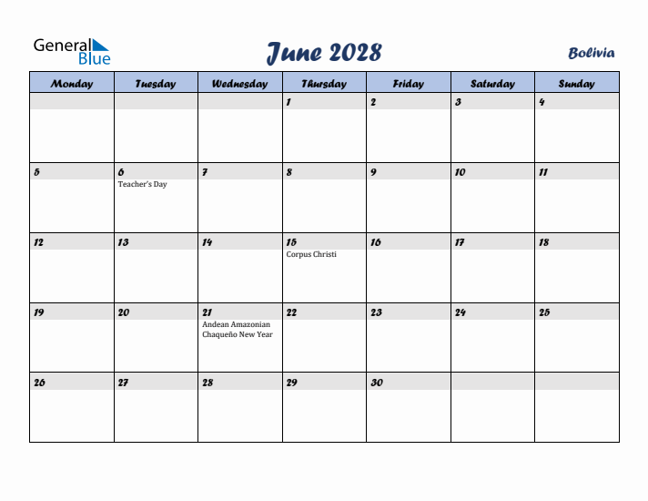 June 2028 Calendar with Holidays in Bolivia