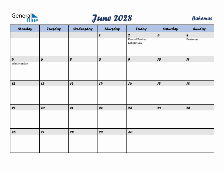 June 2028 Calendar with Holidays in Bahamas