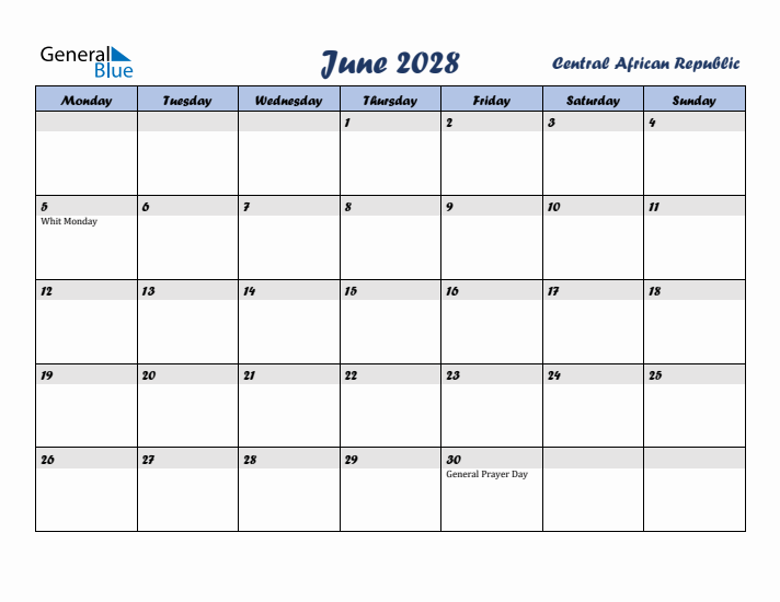June 2028 Calendar with Holidays in Central African Republic