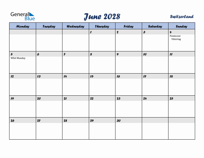 June 2028 Calendar with Holidays in Switzerland