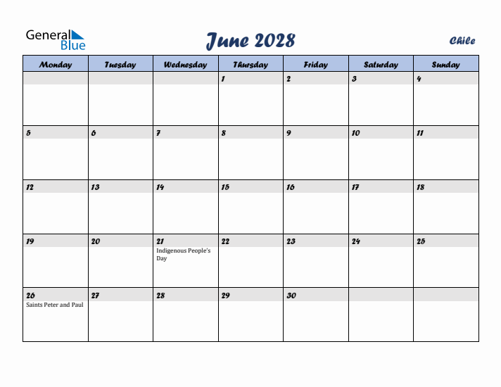 June 2028 Calendar with Holidays in Chile