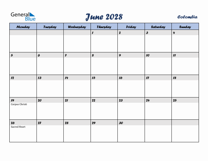 June 2028 Calendar with Holidays in Colombia