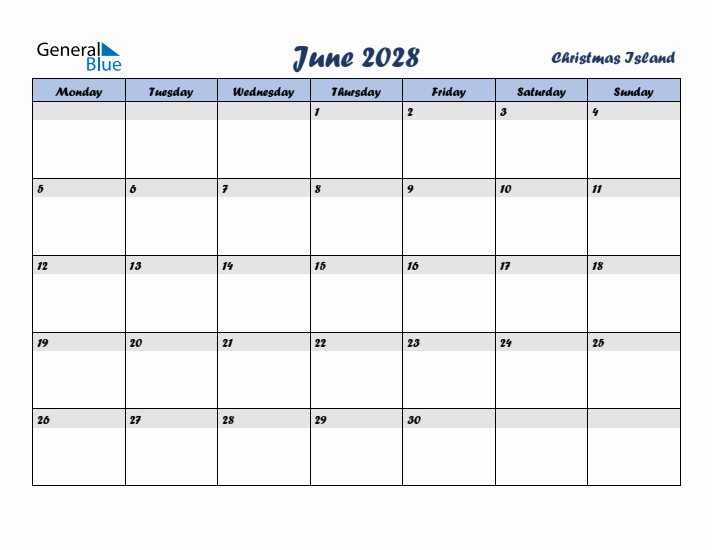 June 2028 Calendar with Holidays in Christmas Island
