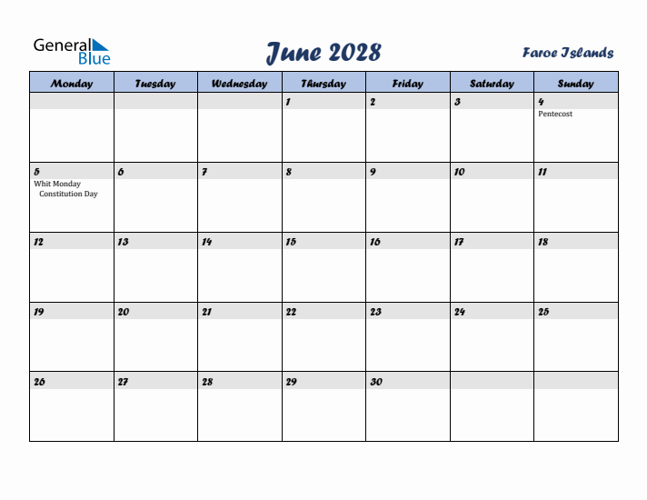 June 2028 Calendar with Holidays in Faroe Islands