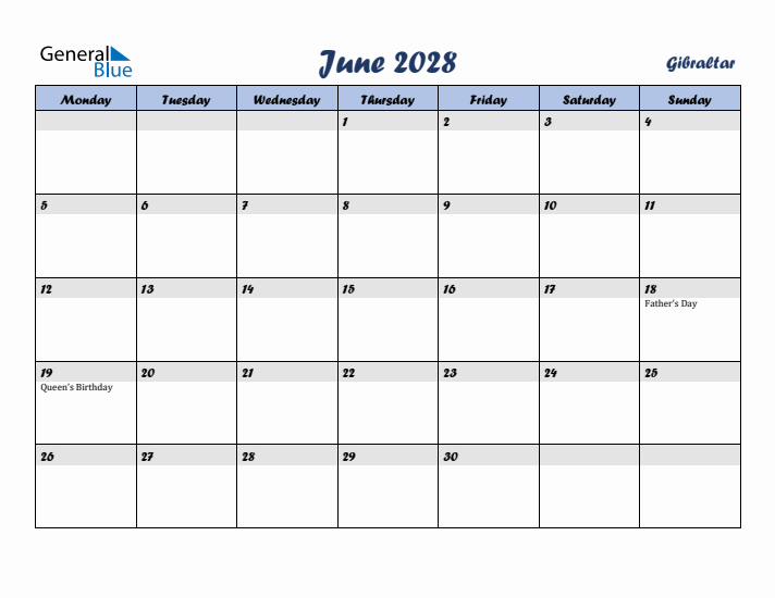June 2028 Calendar with Holidays in Gibraltar