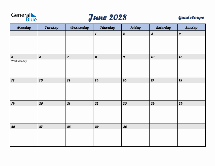 June 2028 Calendar with Holidays in Guadeloupe
