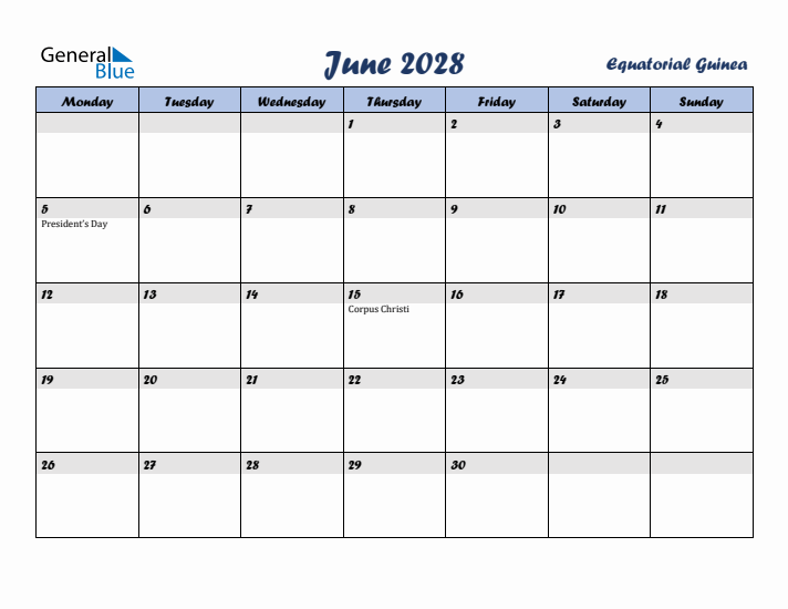 June 2028 Calendar with Holidays in Equatorial Guinea