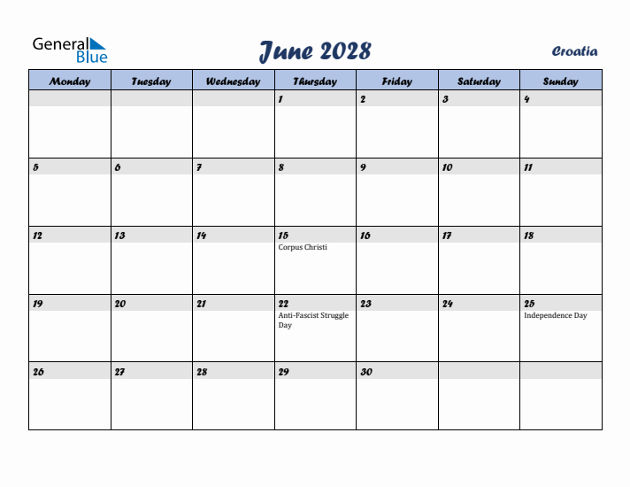 June 2028 Calendar with Holidays in Croatia