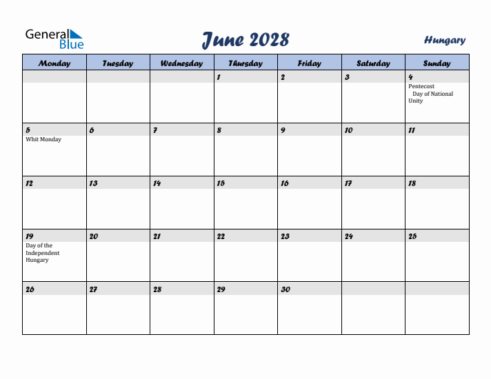 June 2028 Calendar with Holidays in Hungary