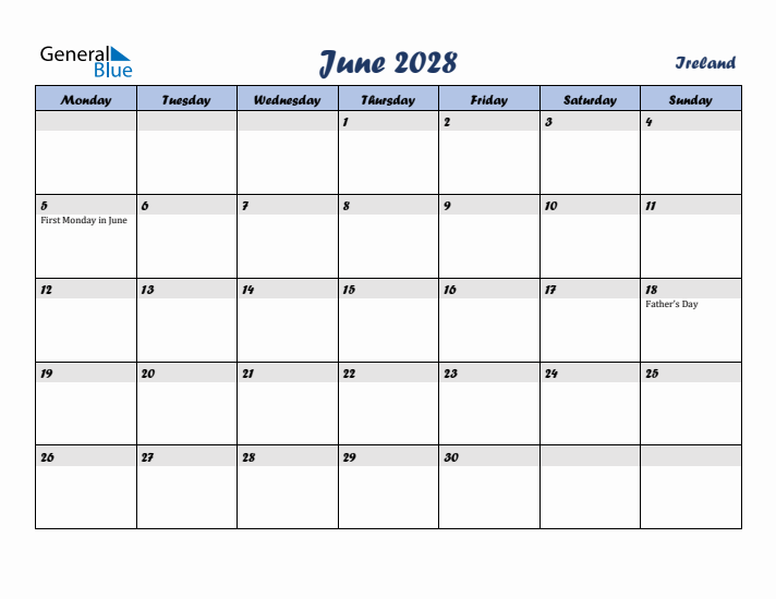 June 2028 Calendar with Holidays in Ireland