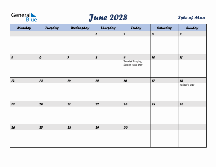June 2028 Calendar with Holidays in Isle of Man