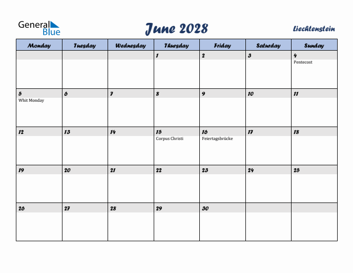 June 2028 Calendar with Holidays in Liechtenstein