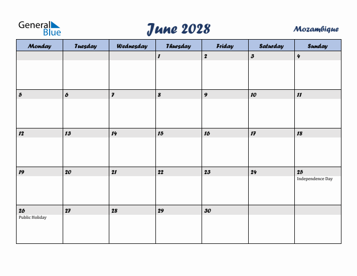 June 2028 Calendar with Holidays in Mozambique