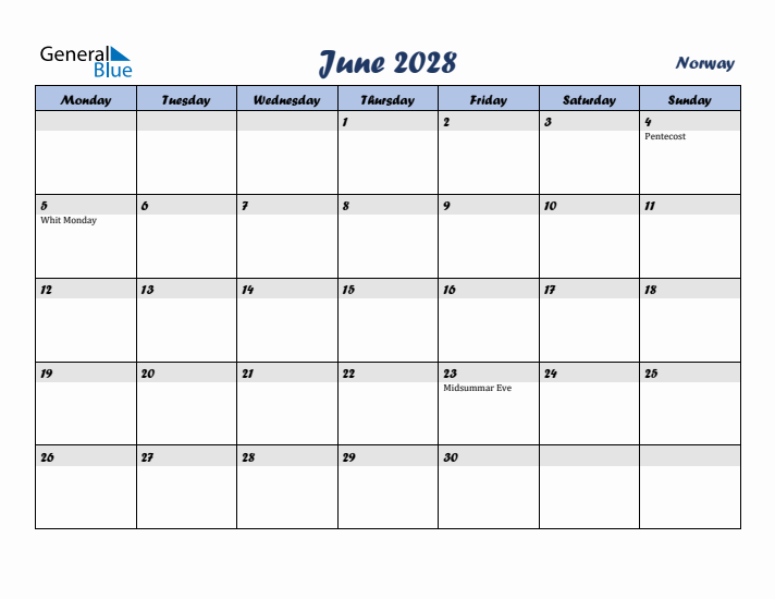 June 2028 Calendar with Holidays in Norway
