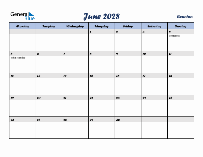 June 2028 Calendar with Holidays in Reunion