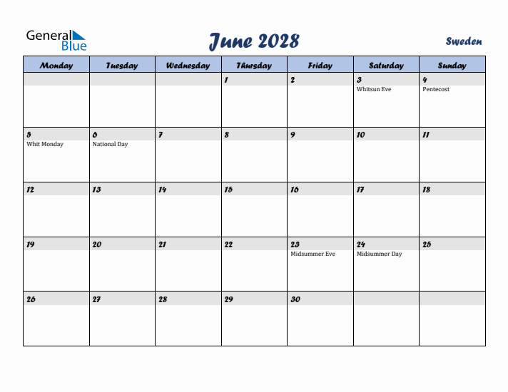 June 2028 Calendar with Holidays in Sweden