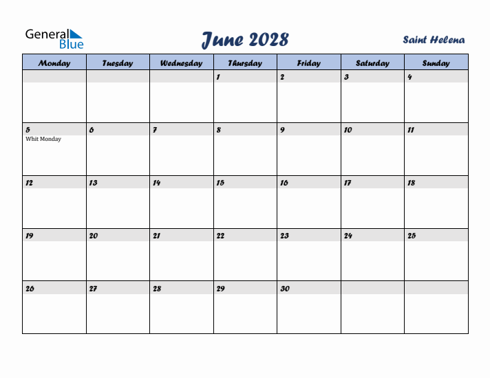 June 2028 Calendar with Holidays in Saint Helena