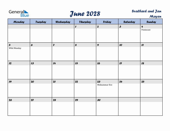 June 2028 Calendar with Holidays in Svalbard and Jan Mayen