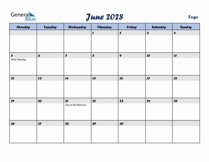 June 2028 Calendar with Holidays in Togo