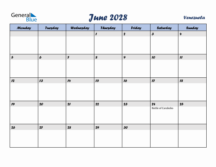 June 2028 Calendar with Holidays in Venezuela