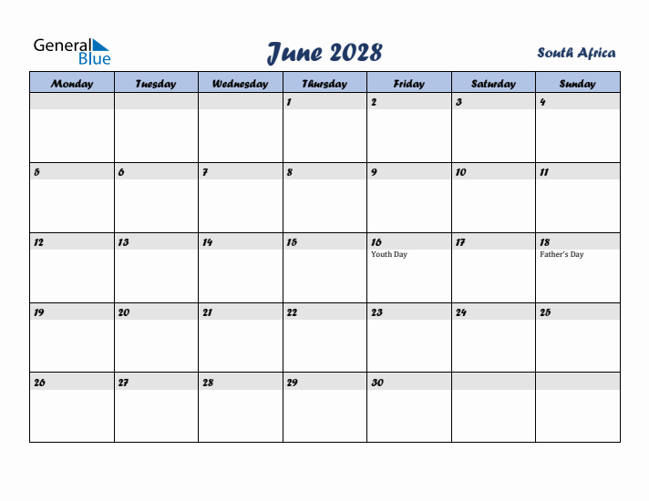 June 2028 Calendar with Holidays in South Africa