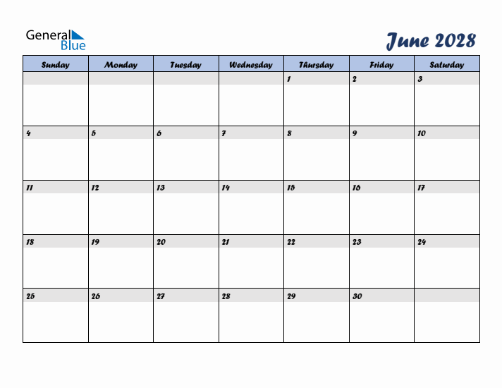 June 2028 Blue Calendar (Sunday Start)