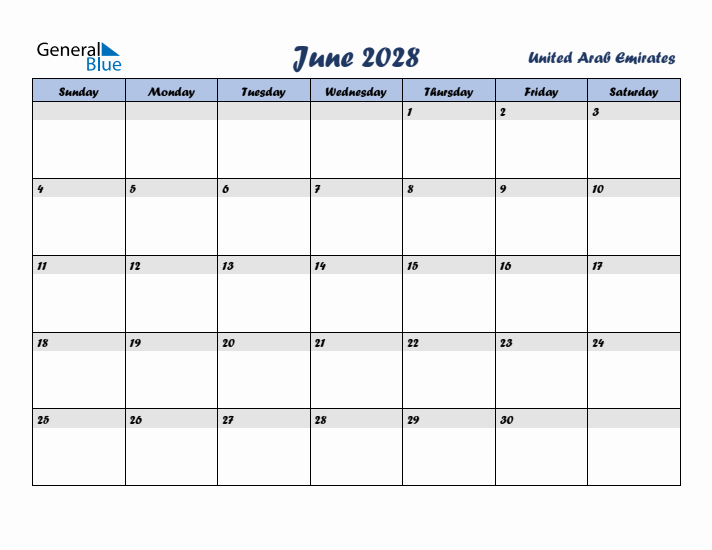June 2028 Calendar with Holidays in United Arab Emirates