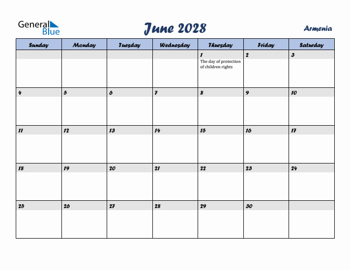 June 2028 Calendar with Holidays in Armenia