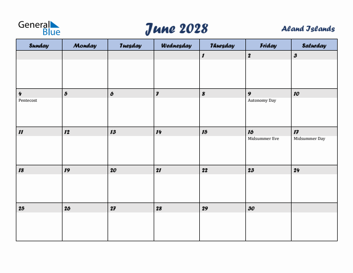 June 2028 Calendar with Holidays in Aland Islands