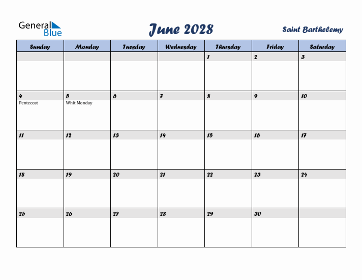 June 2028 Calendar with Holidays in Saint Barthelemy