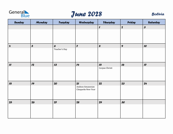 June 2028 Calendar with Holidays in Bolivia