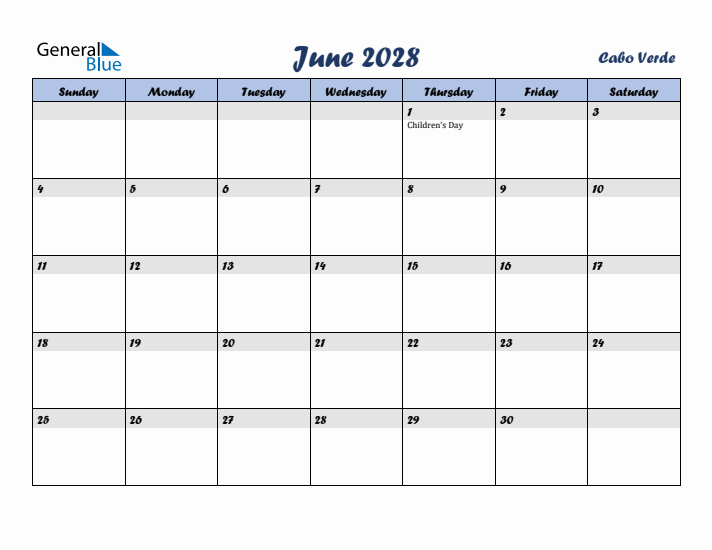 June 2028 Calendar with Holidays in Cabo Verde