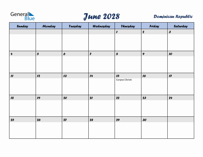 June 2028 Calendar with Holidays in Dominican Republic