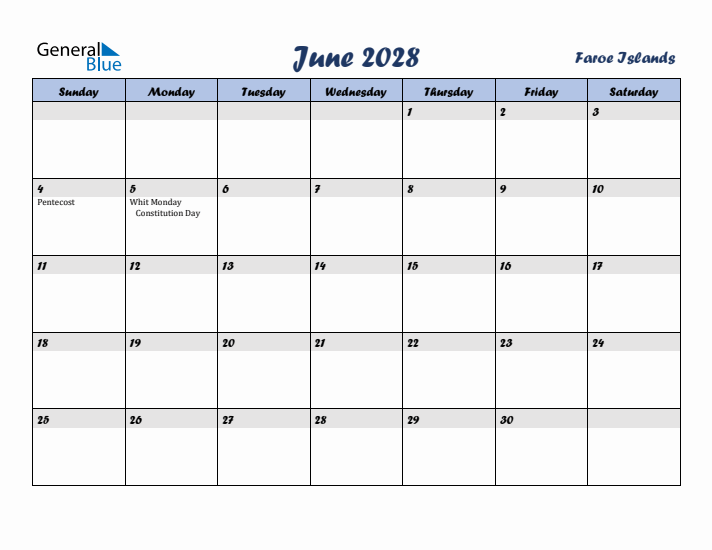 June 2028 Calendar with Holidays in Faroe Islands