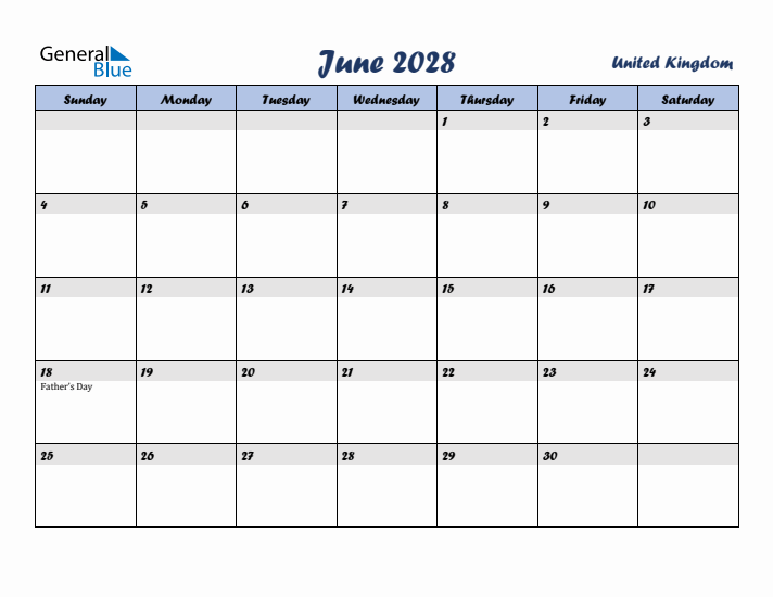 June 2028 Calendar with Holidays in United Kingdom