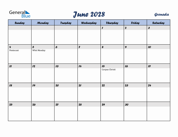 June 2028 Calendar with Holidays in Grenada