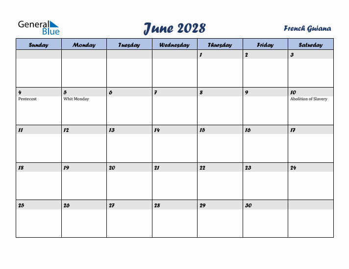 June 2028 Calendar with Holidays in French Guiana