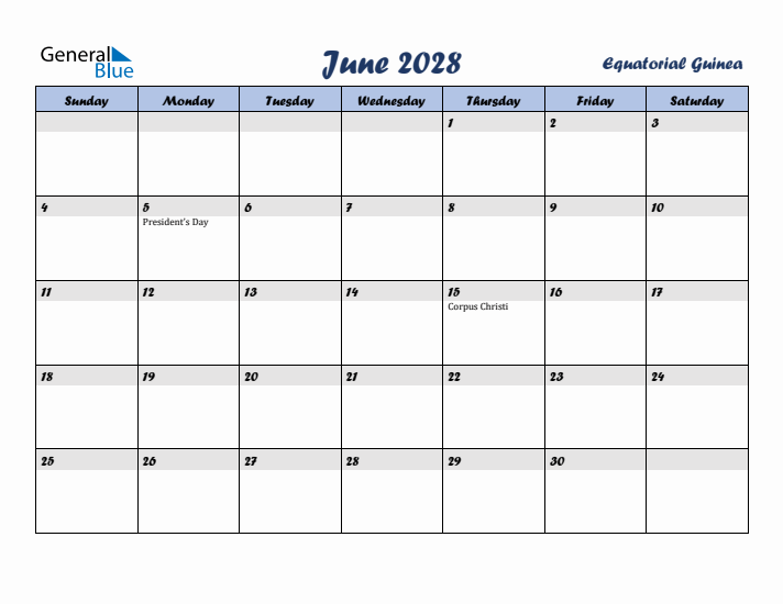June 2028 Calendar with Holidays in Equatorial Guinea