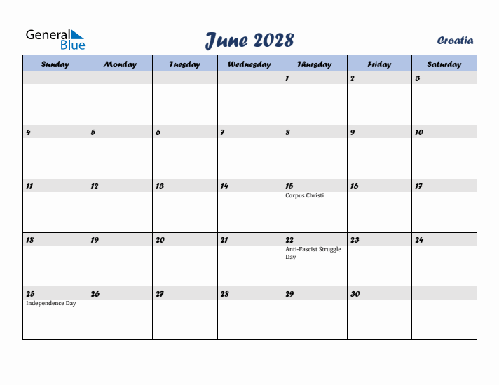 June 2028 Calendar with Holidays in Croatia