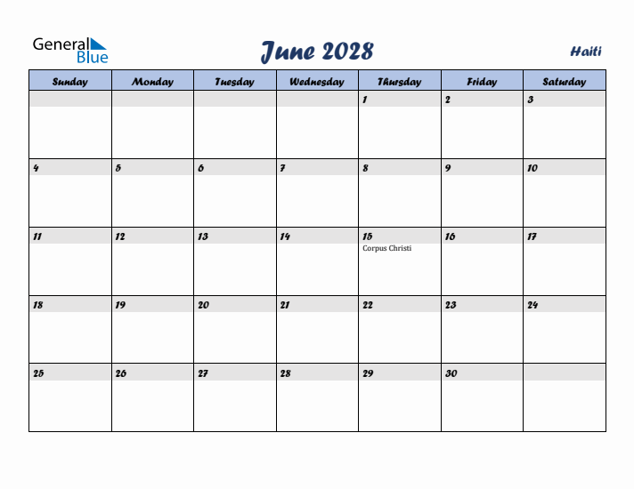 June 2028 Calendar with Holidays in Haiti