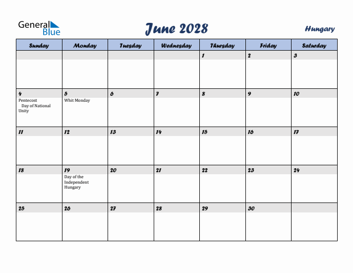 June 2028 Calendar with Holidays in Hungary