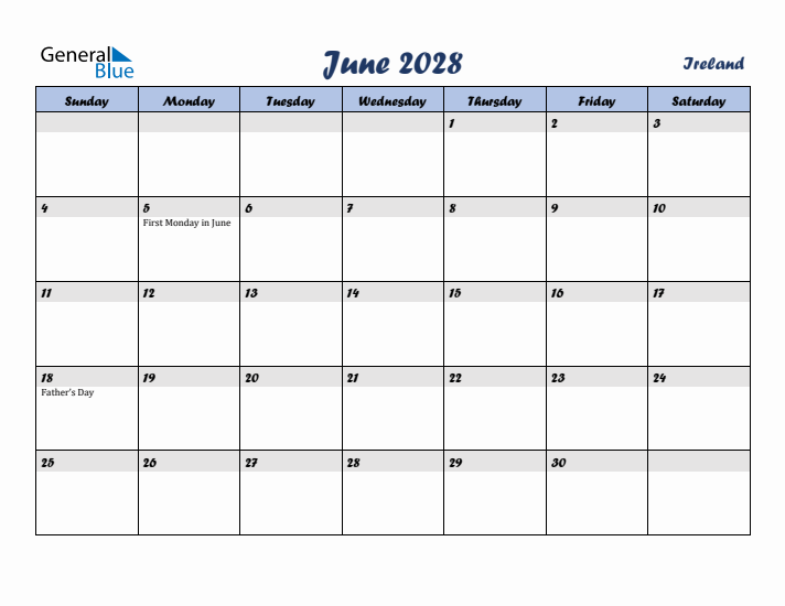 June 2028 Calendar with Holidays in Ireland