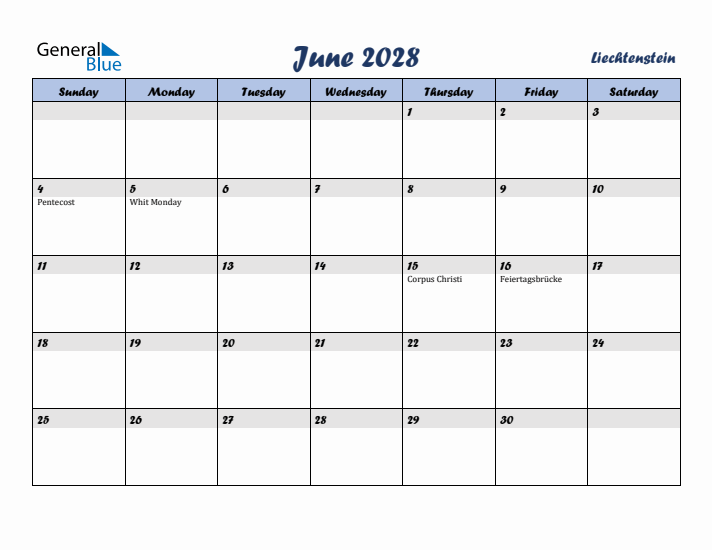 June 2028 Calendar with Holidays in Liechtenstein