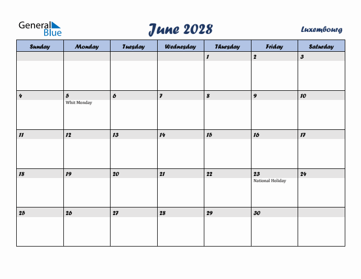 June 2028 Calendar with Holidays in Luxembourg