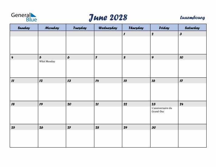 June 2028 Calendar with Holidays in Luxembourg