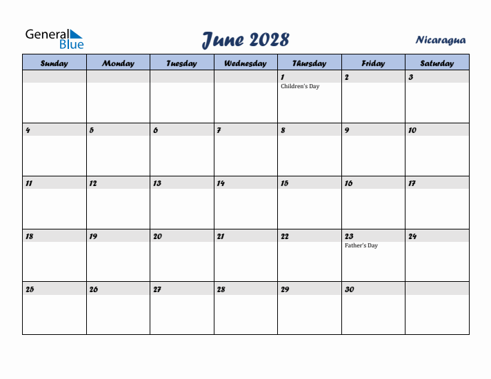 June 2028 Calendar with Holidays in Nicaragua