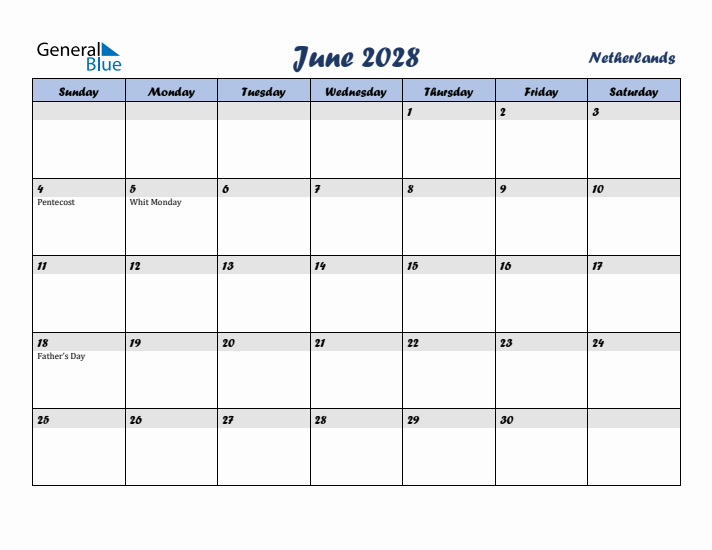 June 2028 Calendar with Holidays in The Netherlands