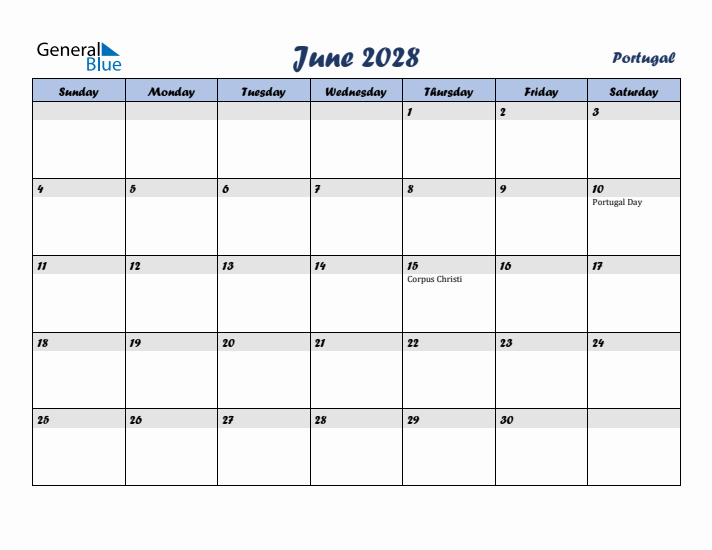 June 2028 Calendar with Holidays in Portugal