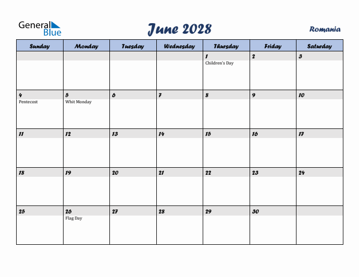 June 2028 Calendar with Holidays in Romania
